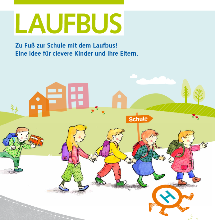 Kinder gehen Hand in Hand zur Schule, Grafik zum Konzept Laufbus
